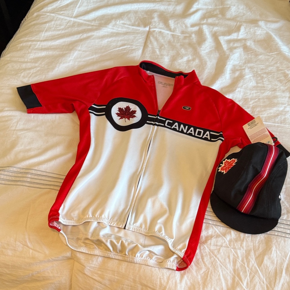 Sugoi Red and White Canada Cycling Jersey with Cap with tags
